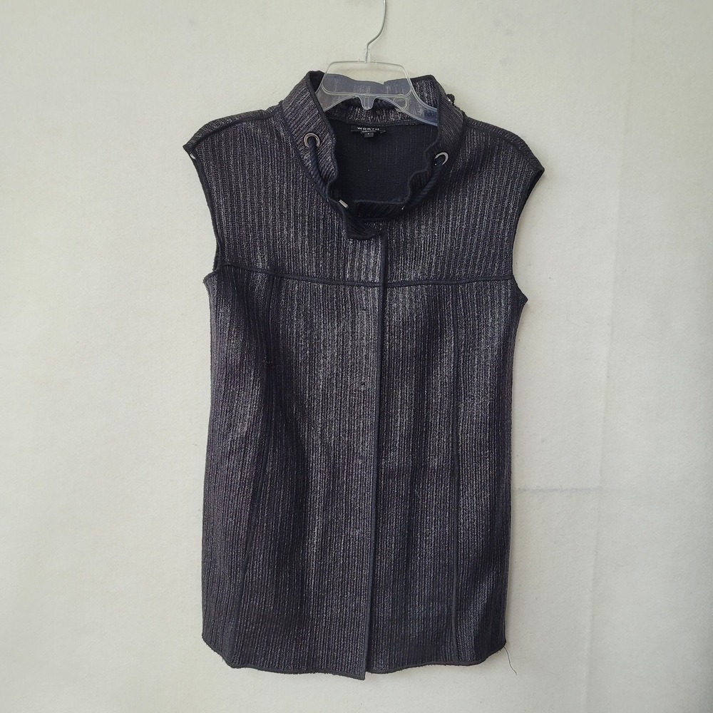 Worth New York Vest Womens S/P Black Silver Metallic Knit Sleeveless Jacket